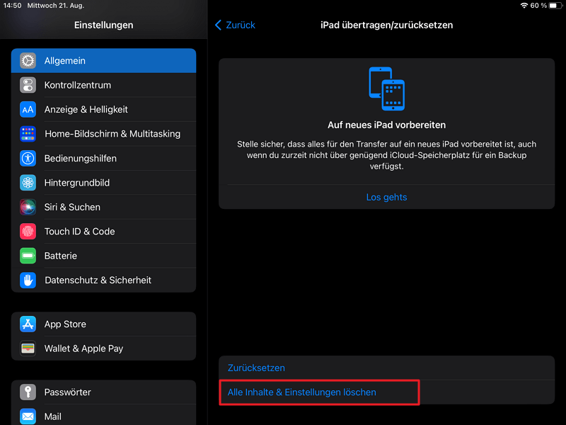 ipad vor verkauf zurücksetzen