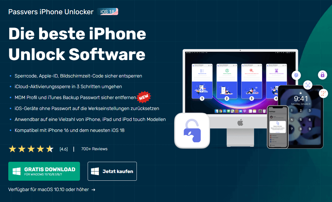 Passvers iPhone Unlocker Produktseite