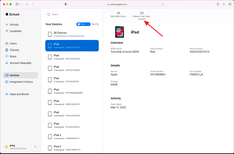 Schul iPad in Liste auf Apple School Manager wählen