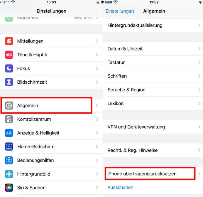 iPhone zurücksetzen/übertragen