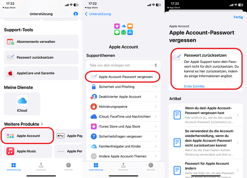 Apple Support App Apple Account Passwort zurücksetzen