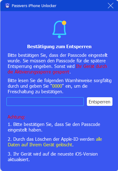 Passvers iPhone Unlocker löscht Sperrcode