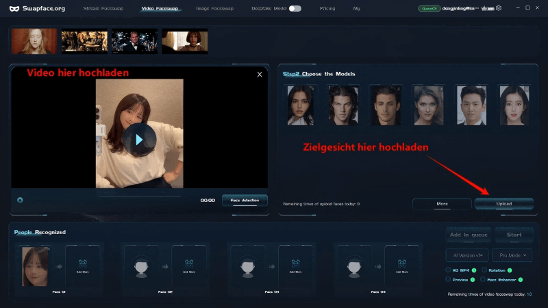 Video und Geischt in Swapface hochladen