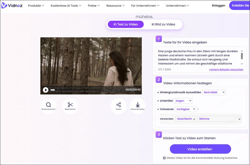Vidnoz KI Video Generator ohne Anmeldung