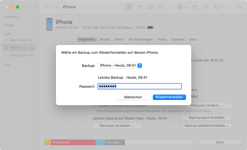 Verschlüsseltes iTunes-Backup-Passwort festlegen