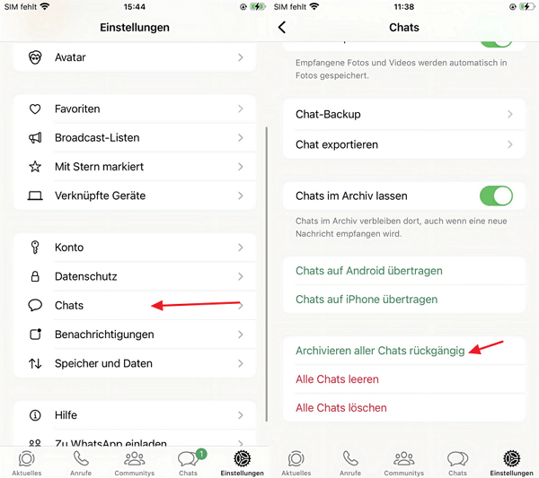 whatsapp archivieren rückgängig
