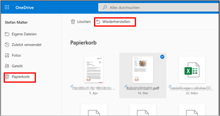 gelöschte Dateien wiederherstellen aus OneDrive Papierkorb