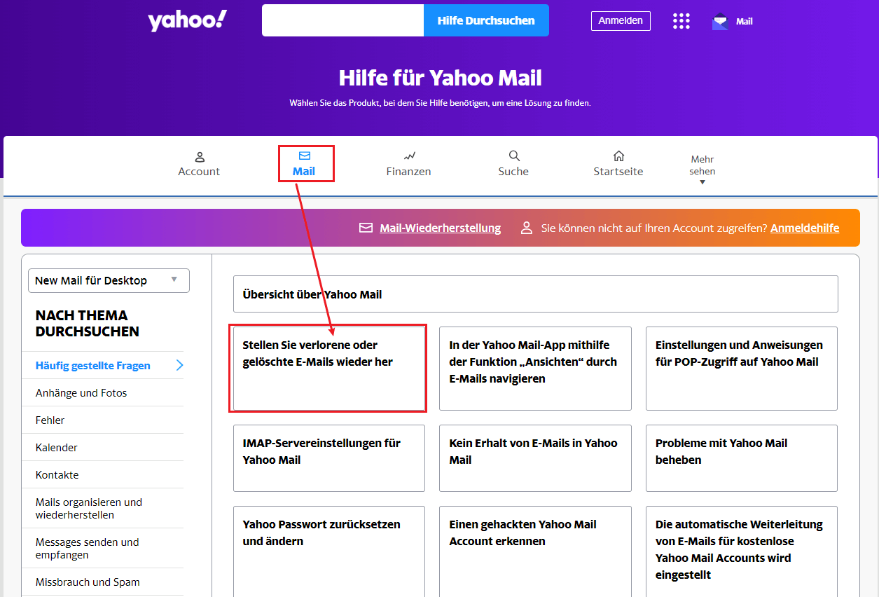 Yahoo Mail-Hilfezentrum öffnen
