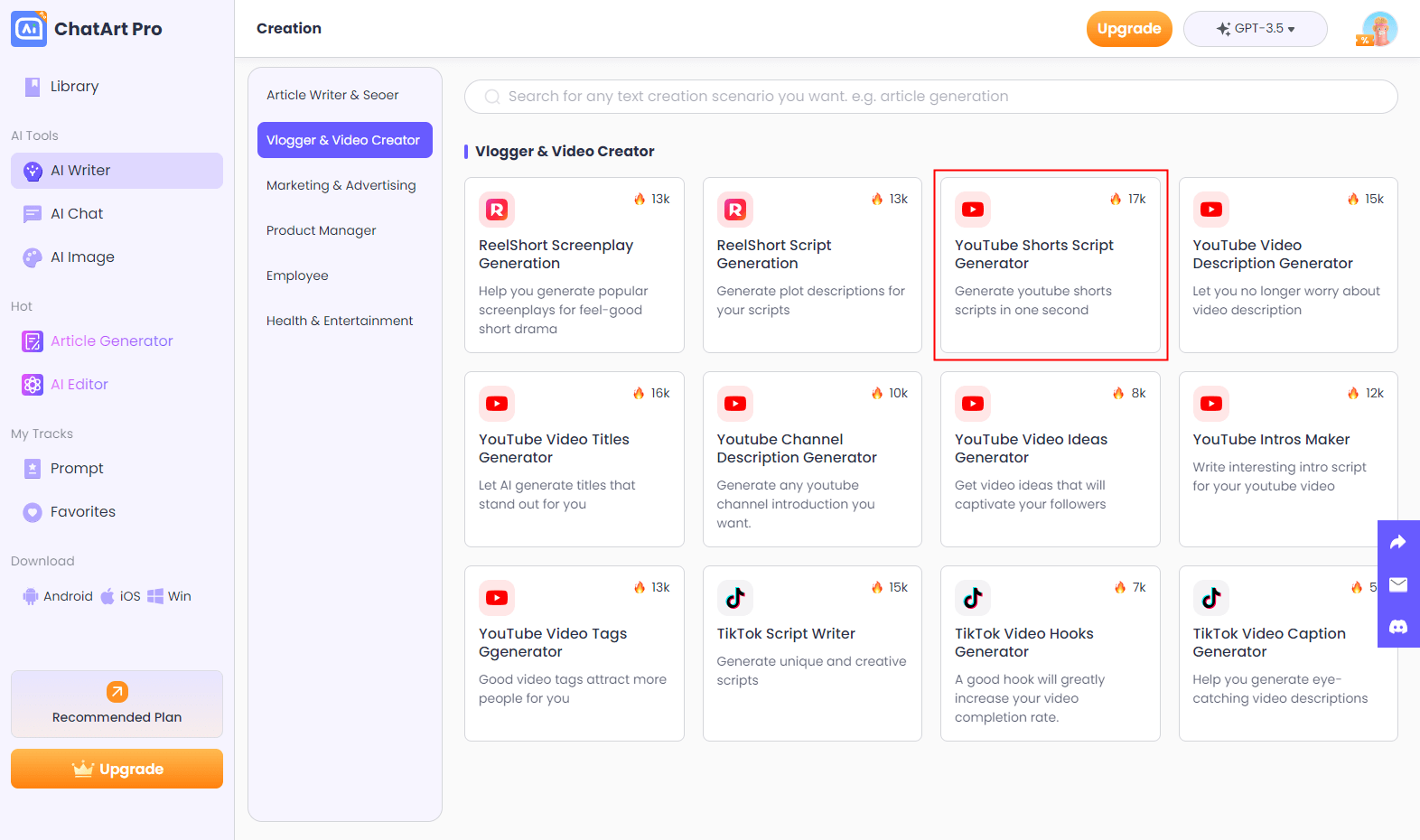 YouTube Inhalt-Generator in ChatArt