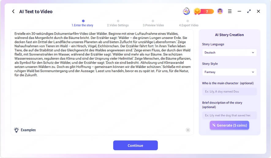 Text deines Video in Novi AI eingeben