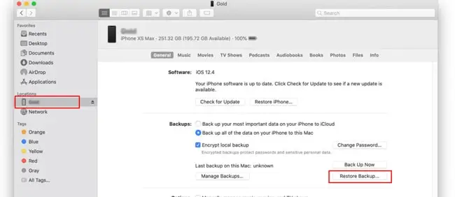 gendan iphone backup på macos catalina og nyere