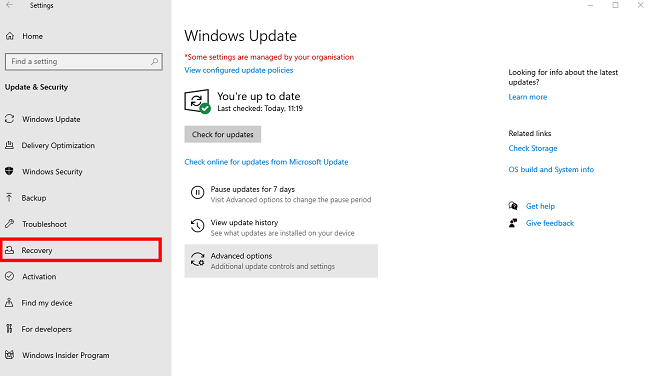 Windows-indstillinger Opdatering & Sikkerhed