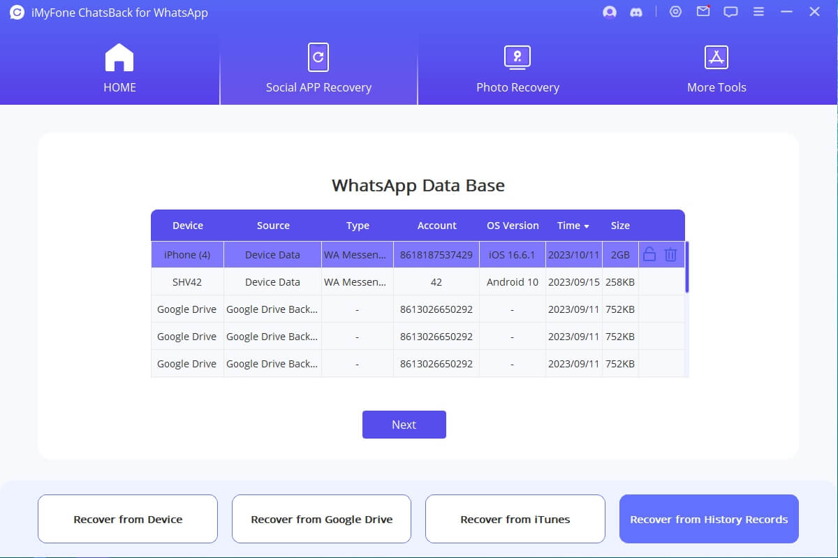 Liste over WhatsApp-backup fra ChatsBacks historiske optegnelser