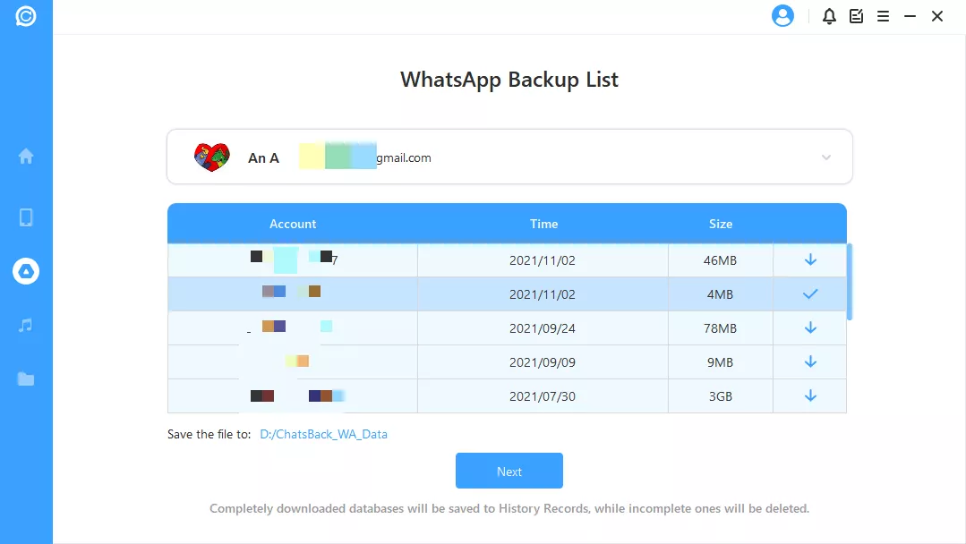 download sikkerhedskopier fra Whatsapp ChatsBacks sikkerhedskopiliste