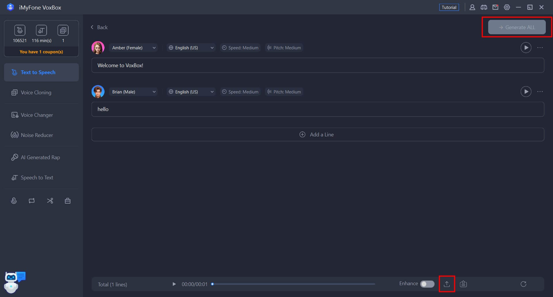 Liste over konverterede formater og output som lyd