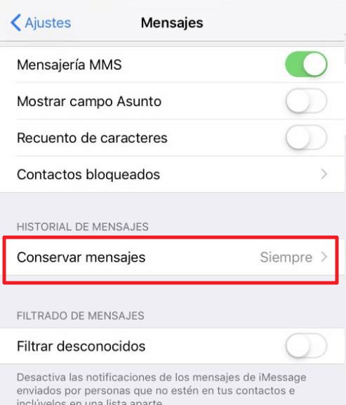 Configurar el tiempo de retención de mensajes para liberar espacio iPhone