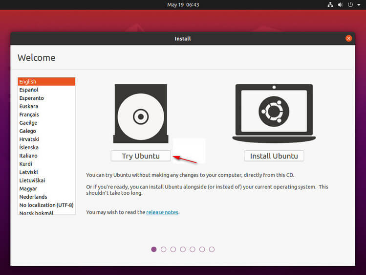 Selecciona Probar Ubuntu