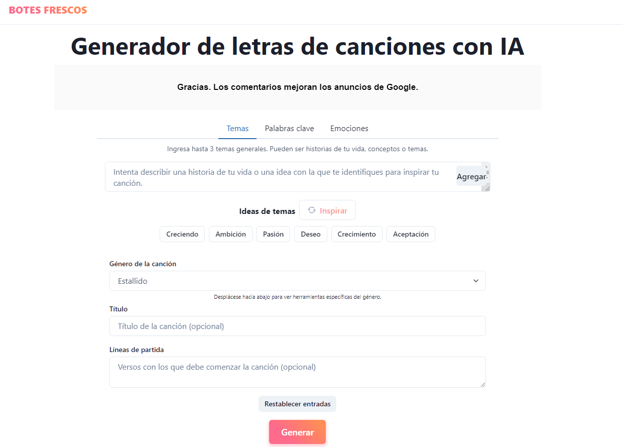 generador de letras de canciones