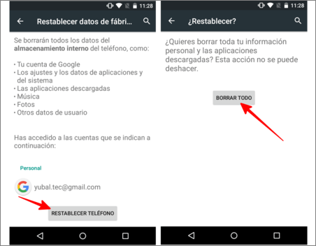 Reinicio de fábrica Android