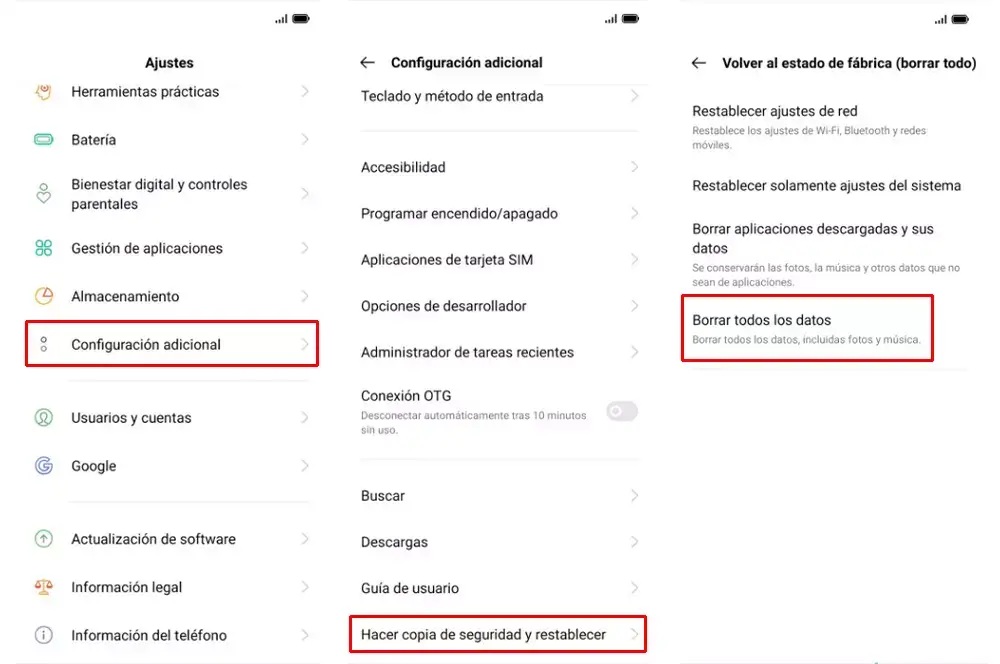Cómo formatear OPPO desde los Ajustes