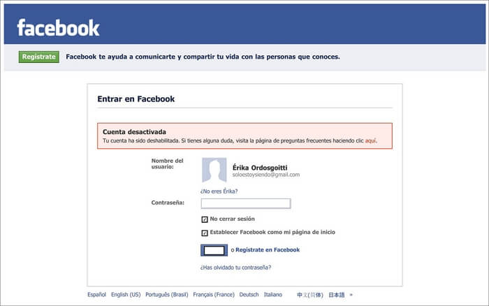 Comprobar si la cuenta de Facebook está desactivada