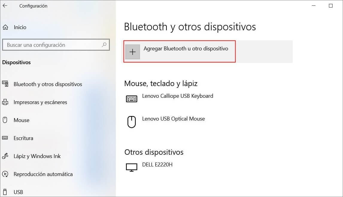 agregar Bluetooth en Configuración de Windows