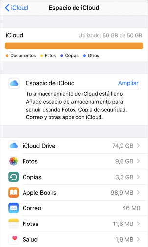 Comprobar el espacio de almacenamiento de iCloud