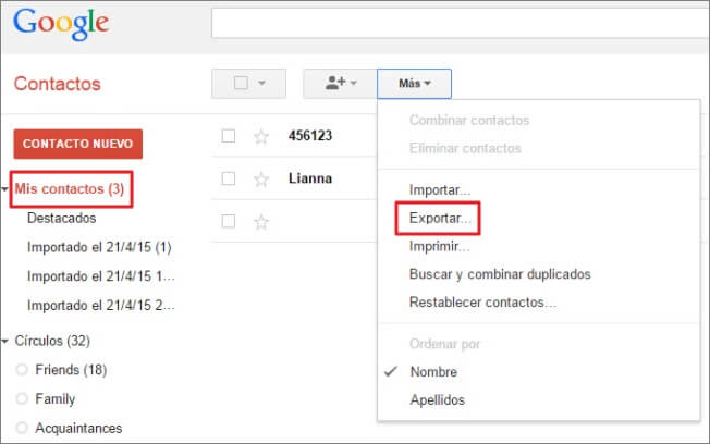 exportar contactos de Gmail