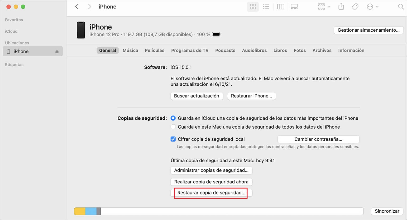 recuperar copia de seguridad iPhone en Finder