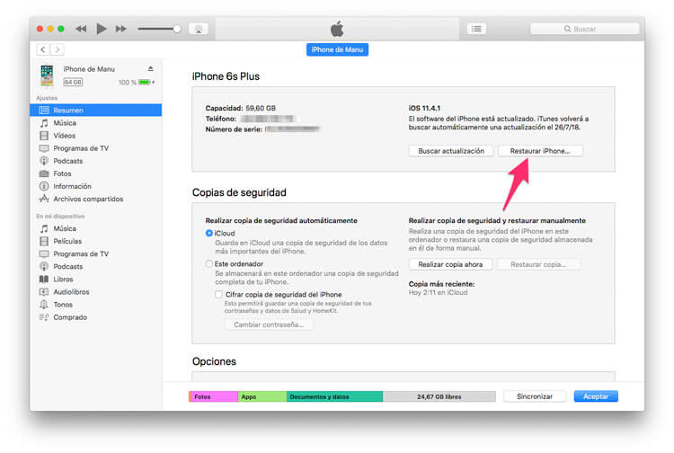 restaurar iPhone desde iTunes para desbloquear mÃ³vil sin contraseÃ±a