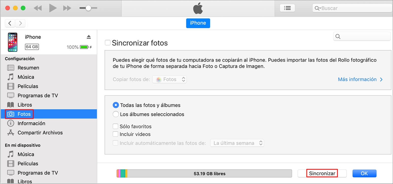 sincronizar fotos de iPhone con PC a través de iTunes