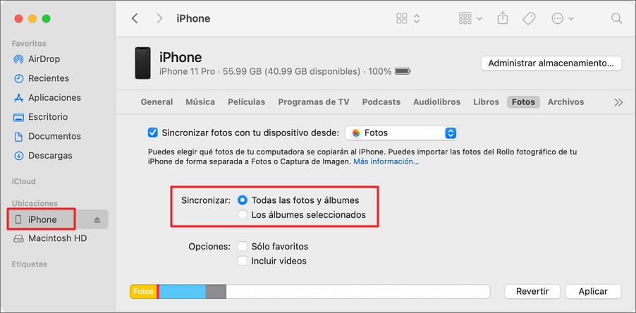 sincronizar fotos de iPhone con Mac Finder