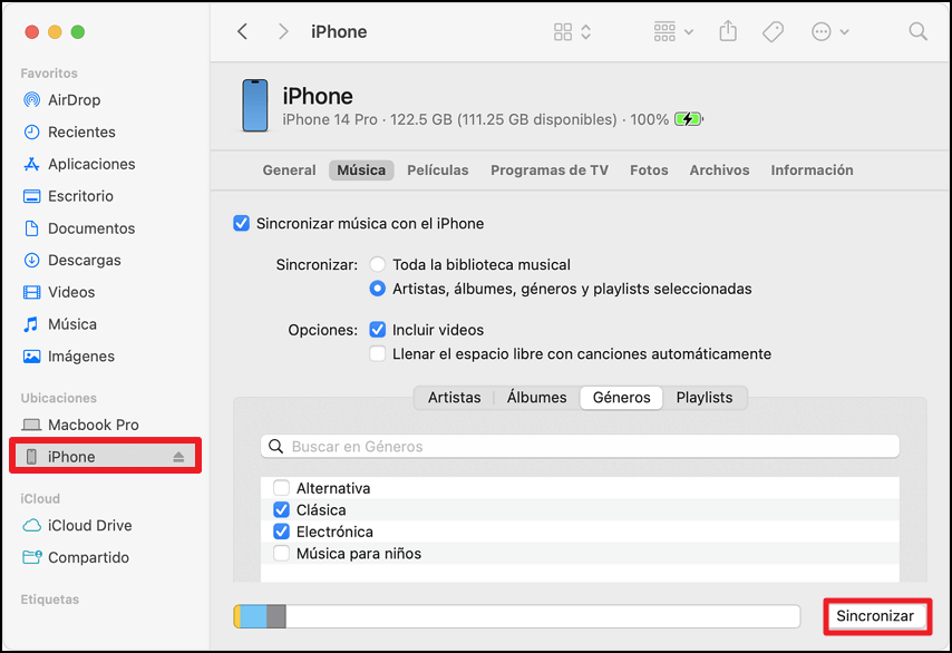 pasar datos de iphone a pc Mac con Finder