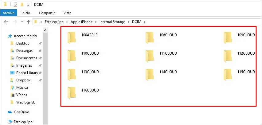Exportar fotos iPhone a disco duro externo File Explorer