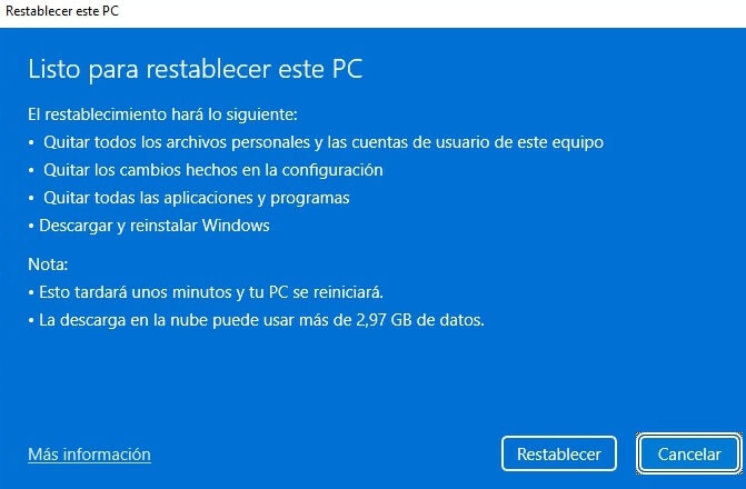 listo para restablecer Windows 10