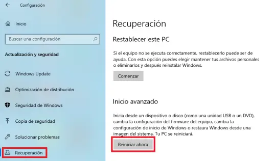 Reiniciar Windows en la configuración