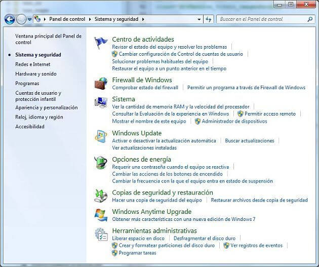 Sistema y seguridad de Windows 7