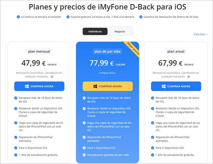 plan individual de iMyFone D-Back