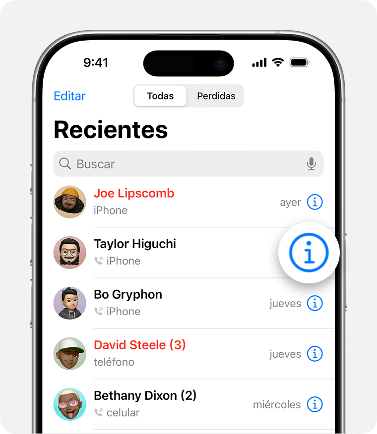 Ver registros de llamadas recientes en la aplicación Teléfono