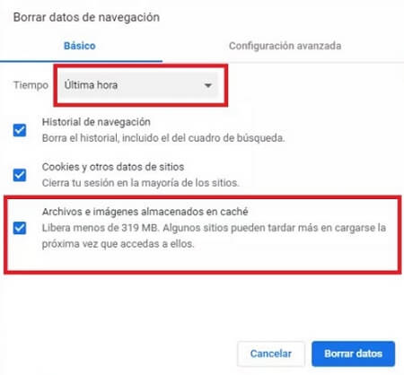 borrar la caché del Google Chrome