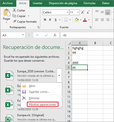 restaurar documento Excel mediante el guardado automÃ¡tico