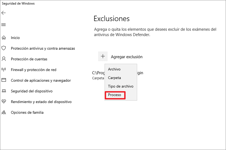 Agregar una exclusión de Proceso en Windows