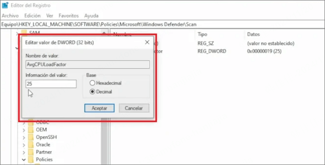 Configurar el uso máximo de CPU para el análisis de Windows Defender