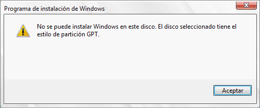 No se puede instalar Windows en este disco