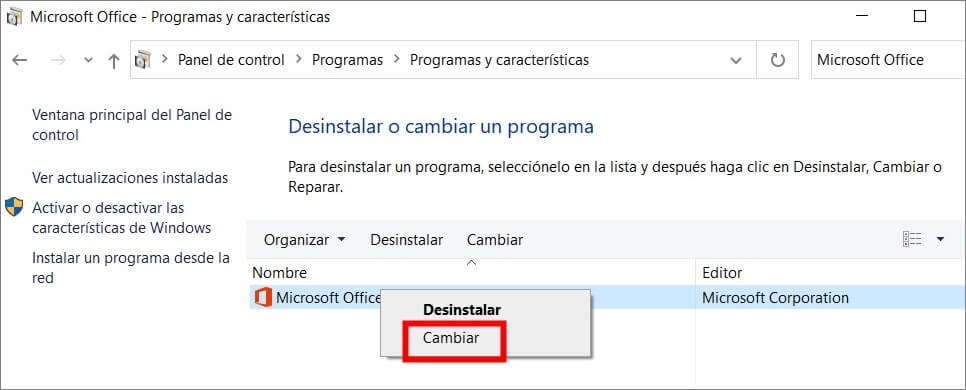 cambiar Microsoft Office en panel de control