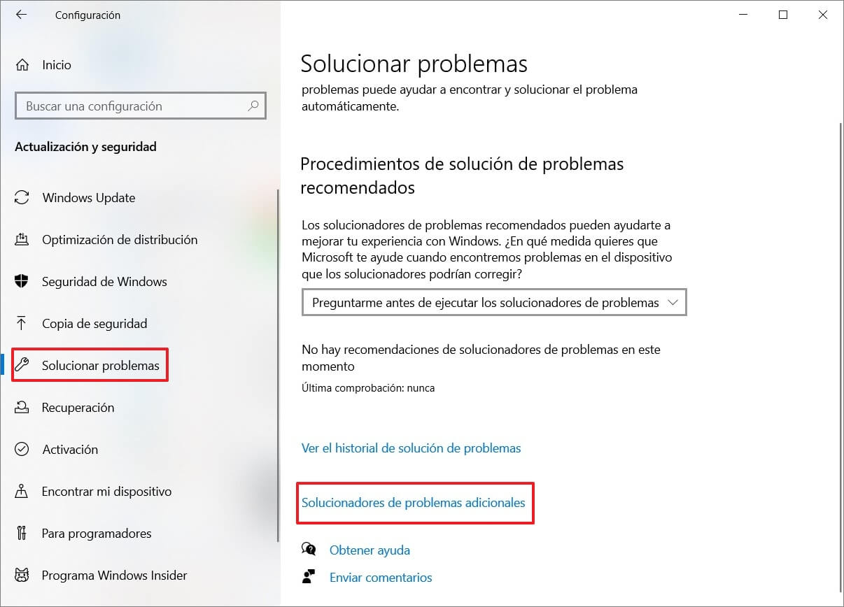 elegir solucionadores de problemas adicionales en Windows