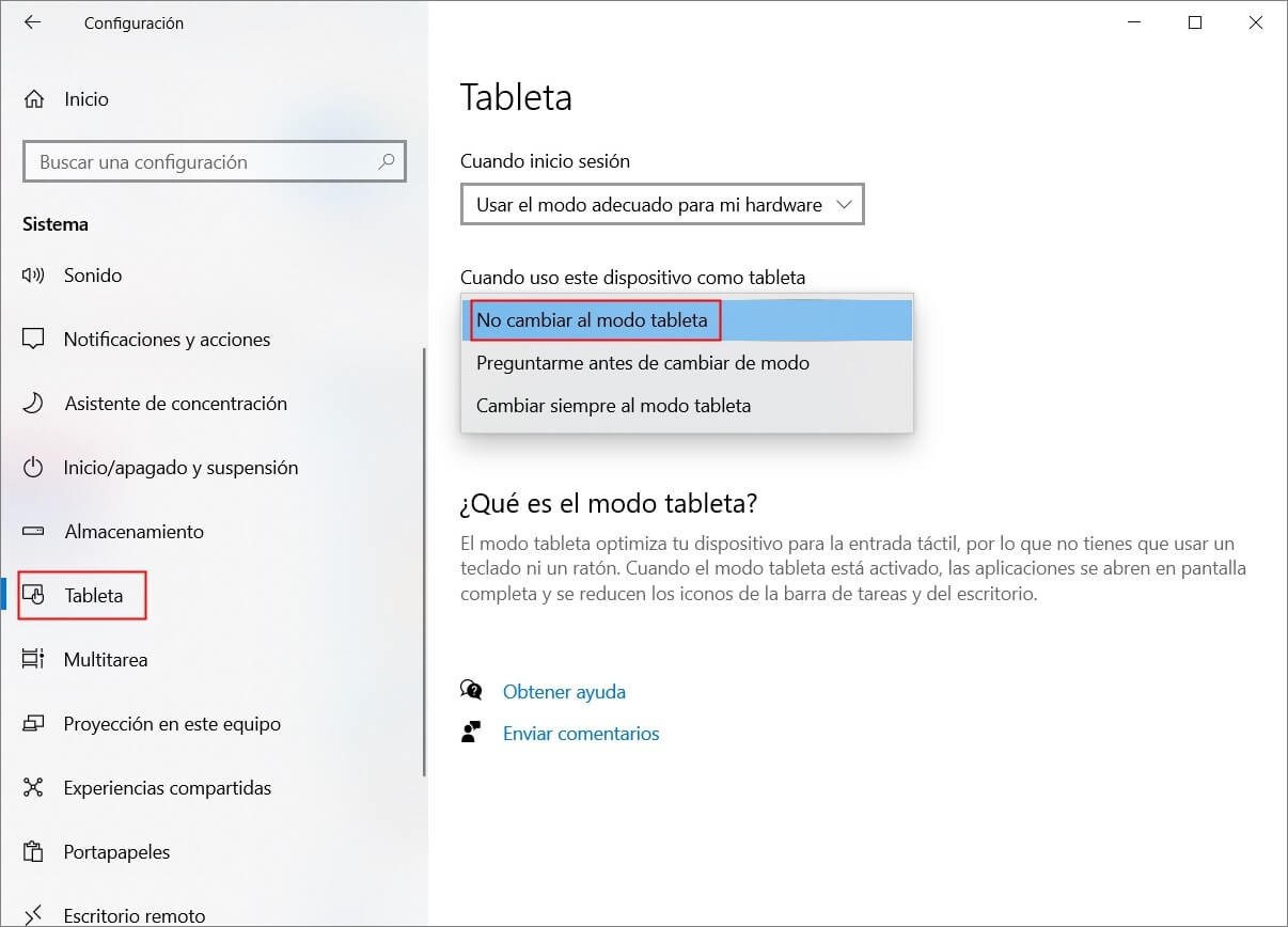 seleccionar a No cambiar el modo tableta en Configuración de Windows 10