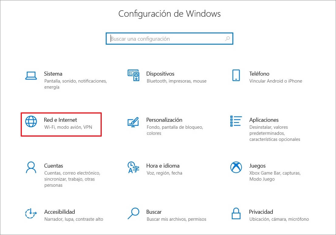 seleccionar Red e Internet en configuración de Windows