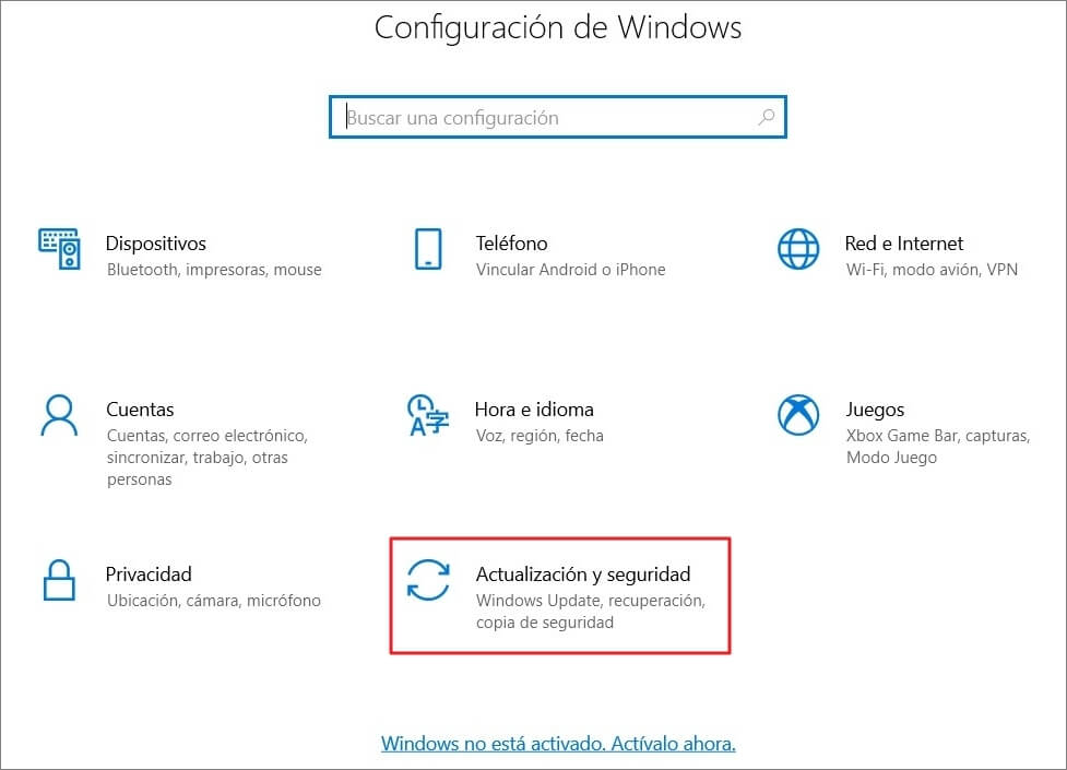 seleccionar Actualización y seguridad en Configuración de Windows