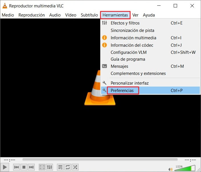 hacer clic en Preferencias en Herramientas de VLC